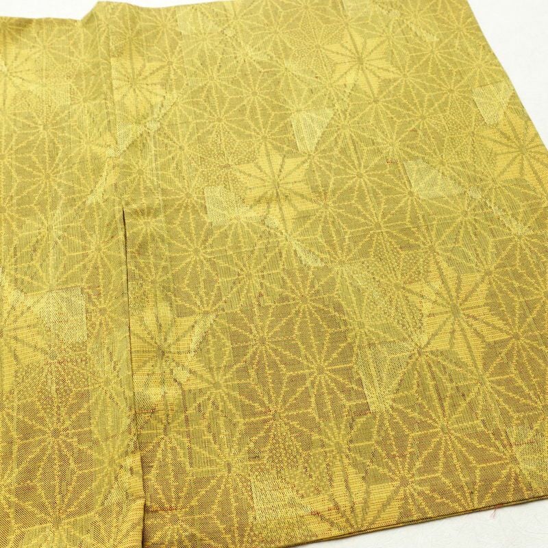 単衣 紬 正絹 麻の葉柄 単衣仕立て 身丈154cm 裄丈63cm リサイクル着物 着物 モダン 紬地 黄・黄土色_画像13