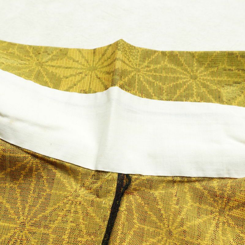 単衣 紬 正絹 麻の葉柄 単衣仕立て 身丈154cm 裄丈63cm リサイクル着物 着物 モダン 紬地 黄・黄土色_画像18