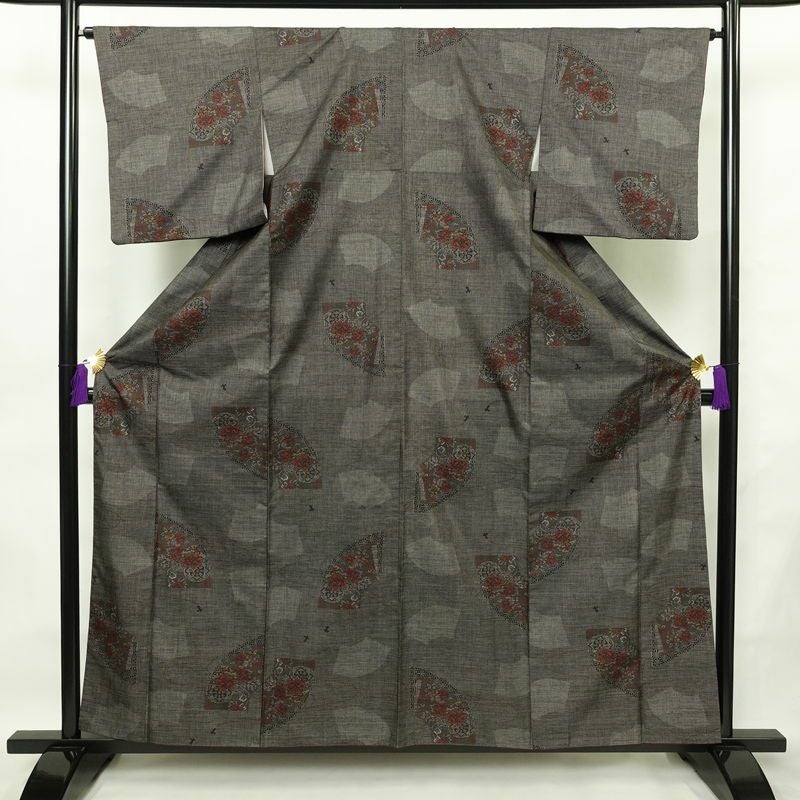 紬 正絹 花柄 袷仕立て 身丈159cm 裄丈64cm リサイクル着物 着物 扇面 茶_画像1