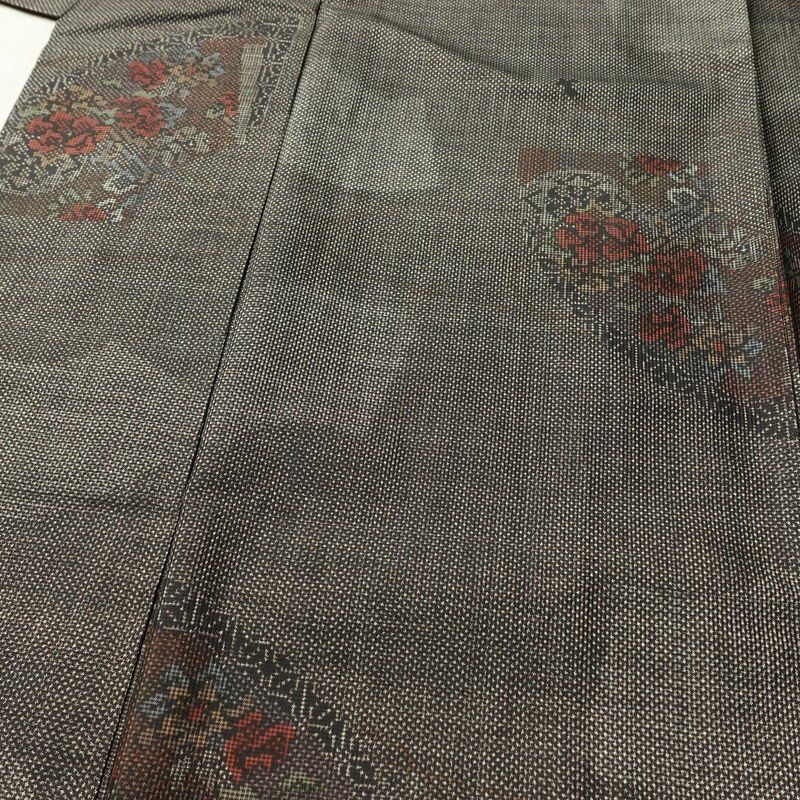 紬 正絹 花柄 袷仕立て 身丈159cm 裄丈64cm リサイクル着物 着物 扇面 茶_画像5