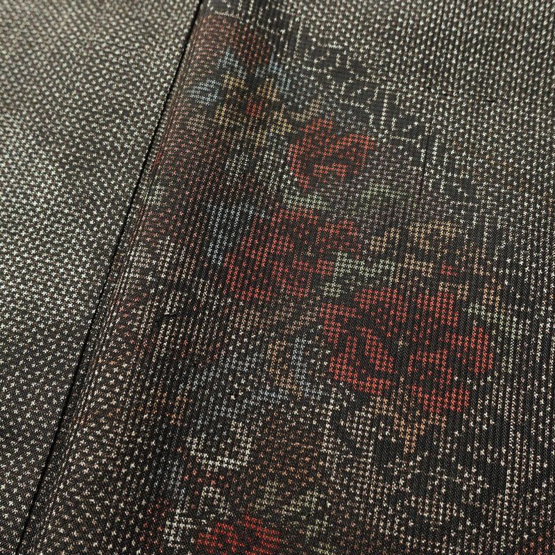 紬 正絹 花柄 袷仕立て 身丈159cm 裄丈64cm リサイクル着物 着物 扇面 茶_画像7