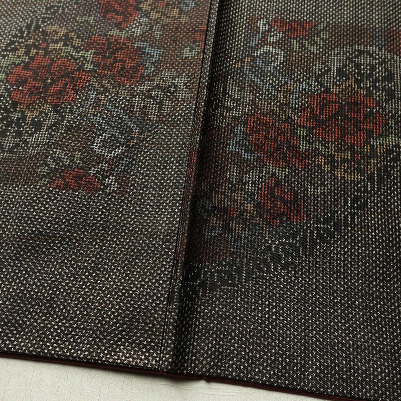 紬 正絹 花柄 袷仕立て 身丈159cm 裄丈64cm リサイクル着物 着物 扇面 茶_画像9