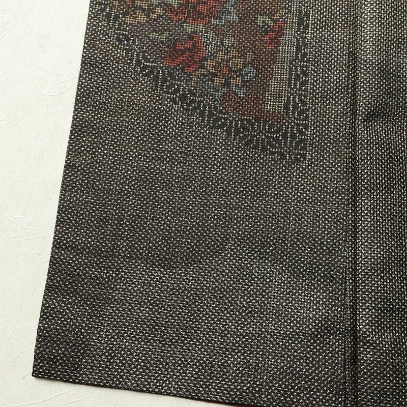 紬 正絹 花柄 袷仕立て 身丈159cm 裄丈64cm リサイクル着物 着物 扇面 茶_画像10