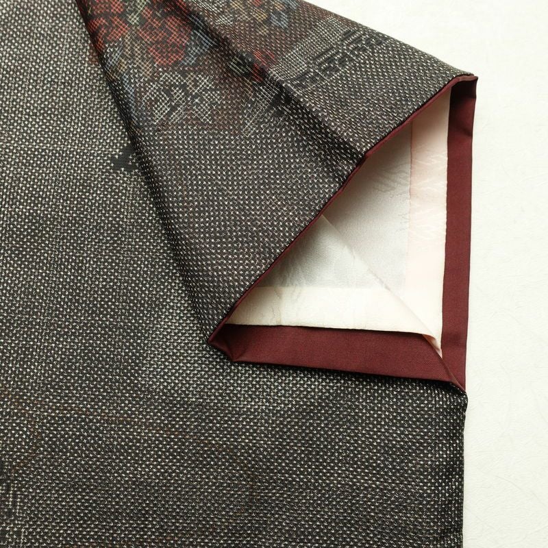 紬 正絹 花柄 袷仕立て 身丈159cm 裄丈64cm リサイクル着物 着物 扇面 茶_画像12