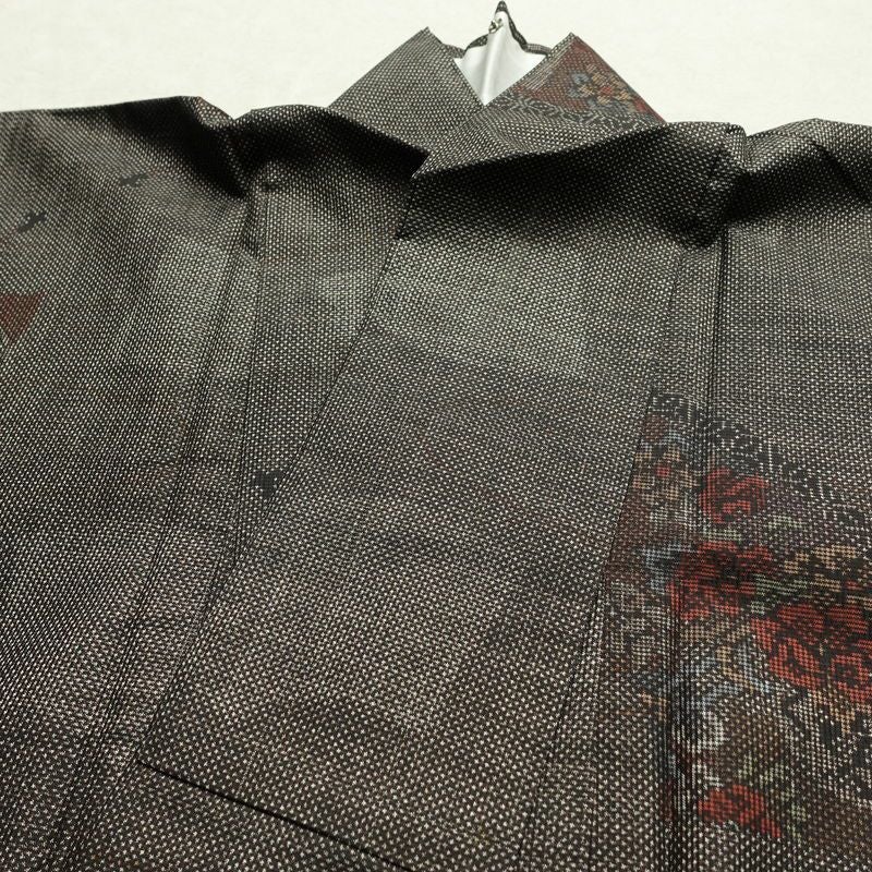 紬 正絹 花柄 袷仕立て 身丈159cm 裄丈64cm リサイクル着物 着物 扇面 茶_画像17