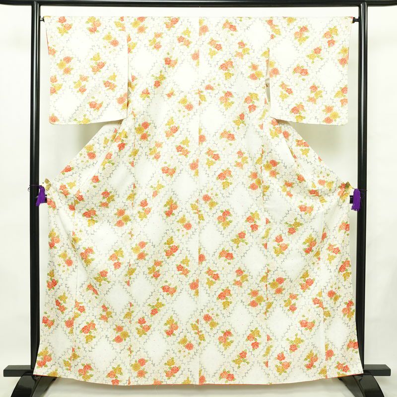 小紋 良品 総柄 ポリエステル 花柄 袷仕立て 身丈162.5cm 裄丈66cm リサイクル着物 着物 白_画像1
