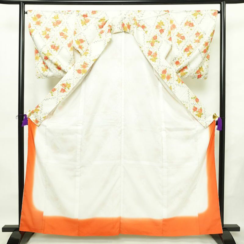 小紋 良品 総柄 ポリエステル 花柄 袷仕立て 身丈162.5cm 裄丈66cm リサイクル着物 着物 白_画像3