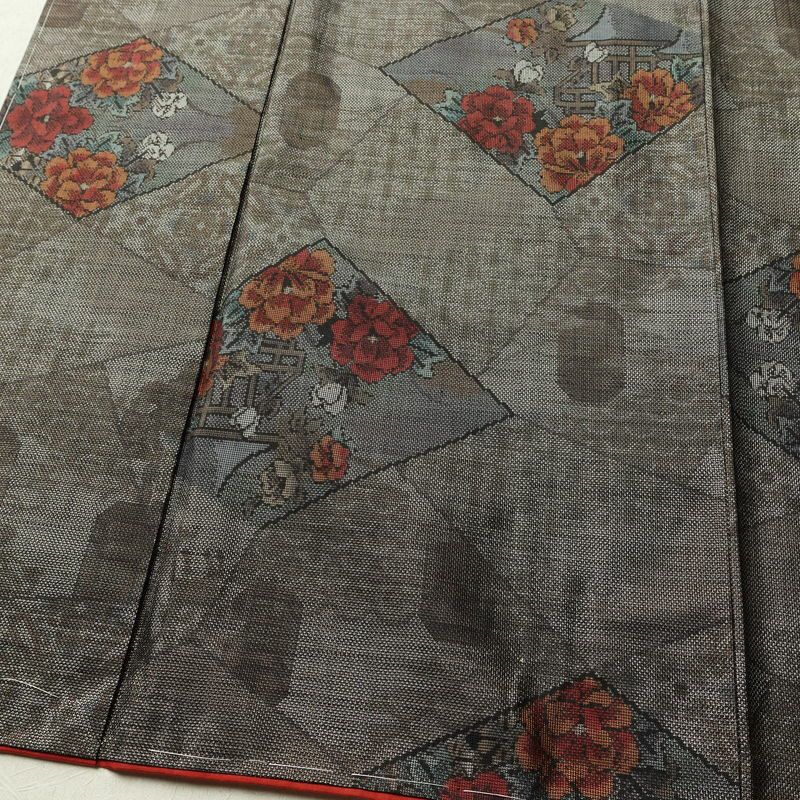 大島紬 美品 証紙なし しつけ糸付き 正絹 花柄 袷仕立て 身丈167cm 裄丈67cm リサイクル着物 着物 茶_画像4