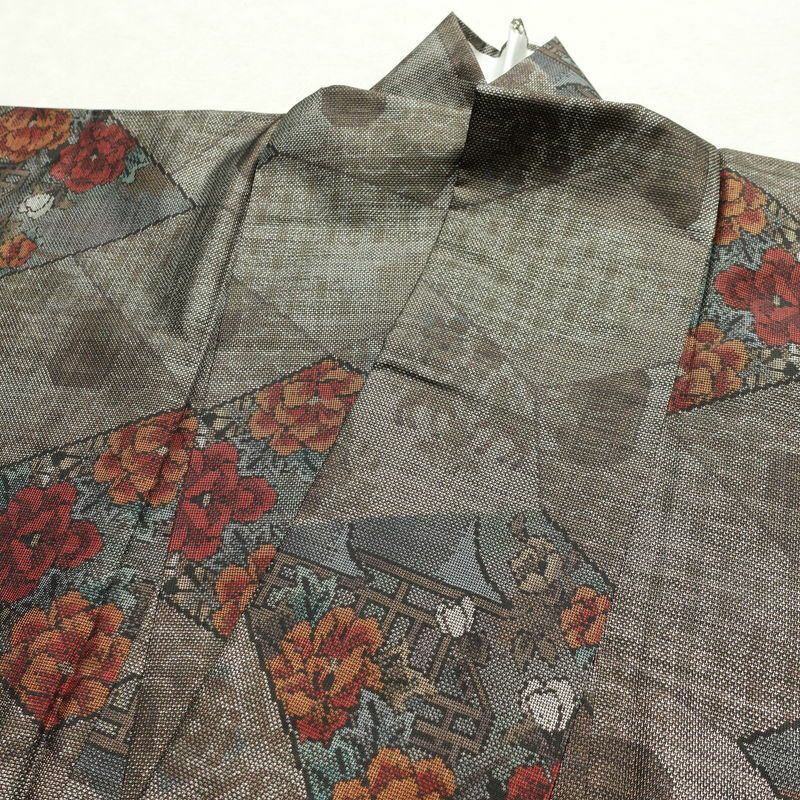大島紬 美品 証紙なし しつけ糸付き 正絹 花柄 袷仕立て 身丈167cm 裄丈67cm リサイクル着物 着物 茶_画像16