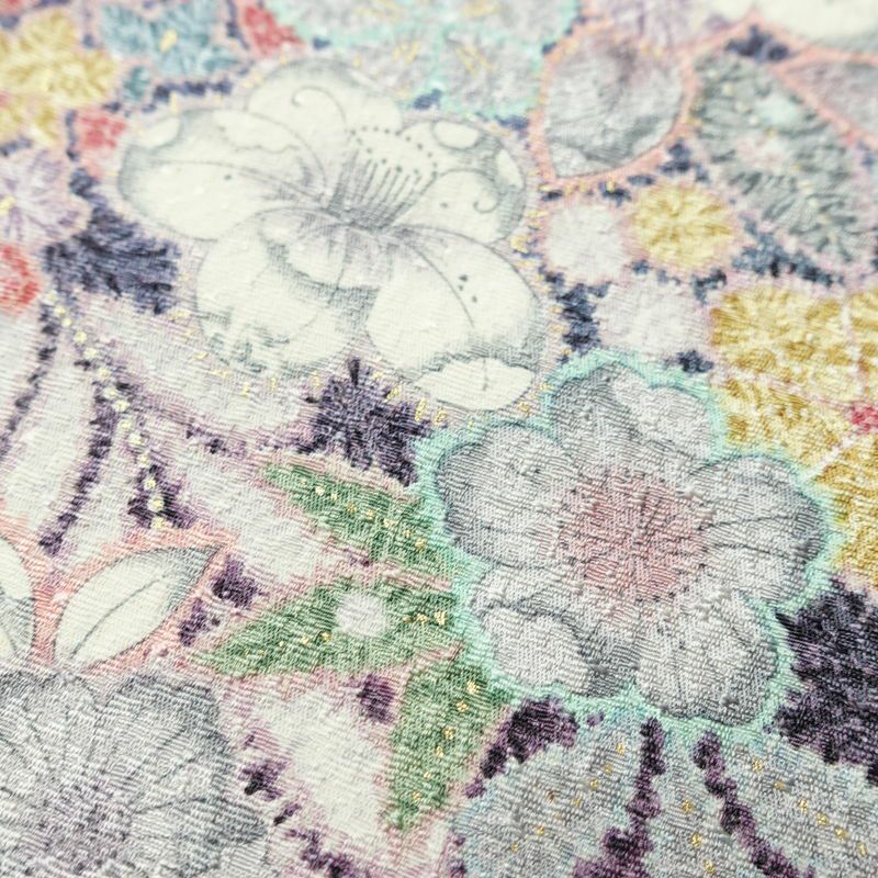 小紋 良品 総柄 正絹 花柄 袷仕立て 身丈158cm 裄丈65cm リサイクル着物 着物 金彩 紫・藤色_画像9