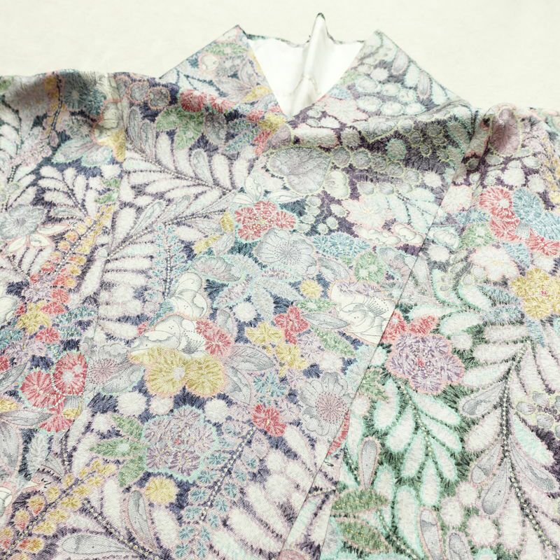 小紋 良品 総柄 正絹 花柄 袷仕立て 身丈158cm 裄丈65cm リサイクル着物 着物 金彩 紫・藤色_画像17