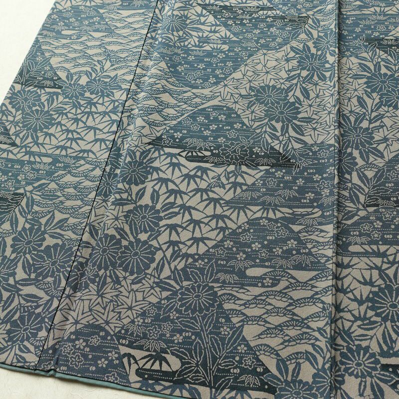 小紋 縮緬 正絹 古典柄 袷仕立て 身丈156.5cm 裄丈64cm リサイクル着物 着物 モダン カジュアル グレー_画像4