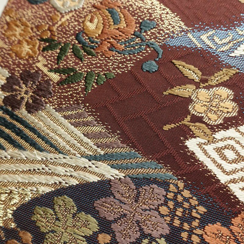 名古屋帯 太鼓柄 良品 正絹 古典柄 名古屋仕立て なごや帯 リサイクル帯 帯 箔 金糸 紅葉 松 小豆・エンジ_画像7