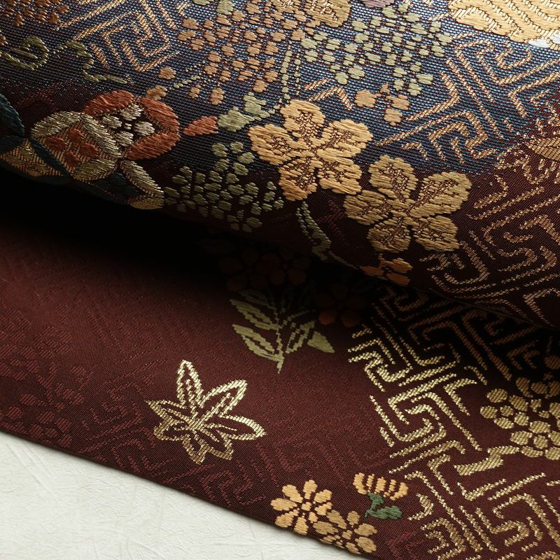 名古屋帯 太鼓柄 良品 正絹 古典柄 名古屋仕立て なごや帯 リサイクル帯 帯 箔 金糸 紅葉 松 小豆・エンジ_画像9