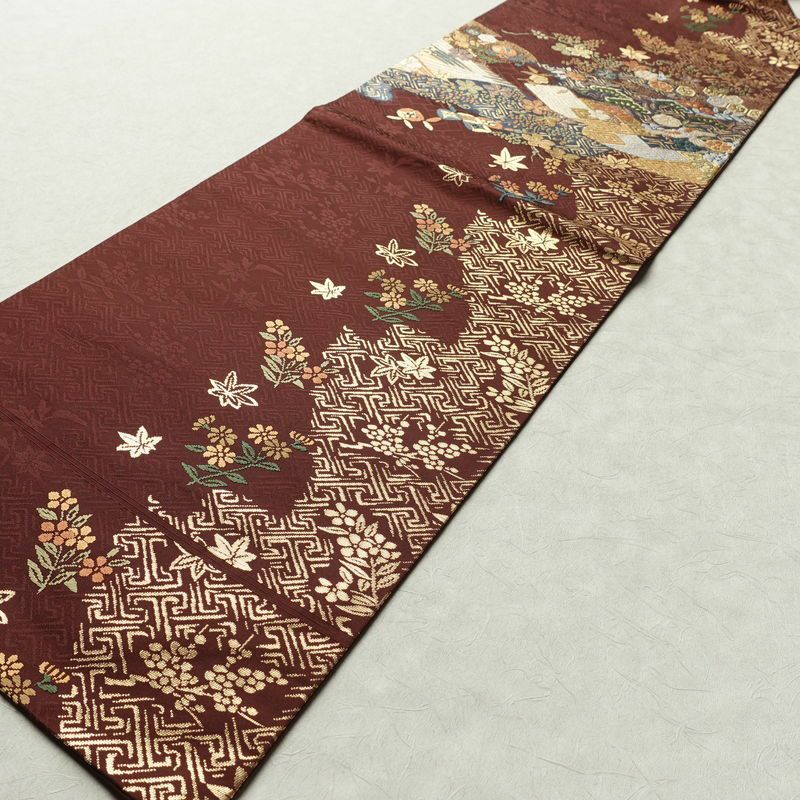 名古屋帯 太鼓柄 良品 正絹 古典柄 名古屋仕立て なごや帯 リサイクル帯 帯 箔 金糸 紅葉 松 小豆・エンジ_画像10