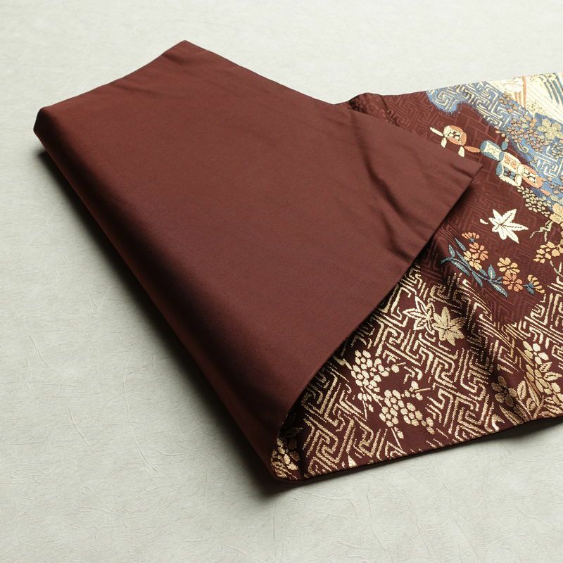 名古屋帯 太鼓柄 良品 正絹 古典柄 名古屋仕立て なごや帯 リサイクル帯 帯 箔 金糸 紅葉 松 小豆・エンジ_画像11