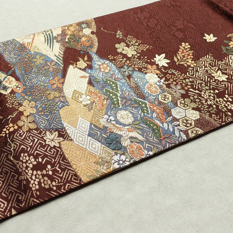 名古屋帯 太鼓柄 良品 正絹 古典柄 名古屋仕立て なごや帯 リサイクル帯 帯 箔 金糸 紅葉 松 小豆・エンジ_画像12