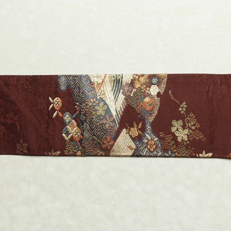 名古屋帯 太鼓柄 良品 正絹 古典柄 名古屋仕立て なごや帯 リサイクル帯 帯 箔 金糸 紅葉 松 小豆・エンジ_画像13