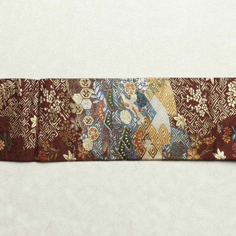 名古屋帯 太鼓柄 良品 正絹 古典柄 名古屋仕立て なごや帯 リサイクル帯 帯 箔 金糸 紅葉 松 小豆・エンジ_画像14
