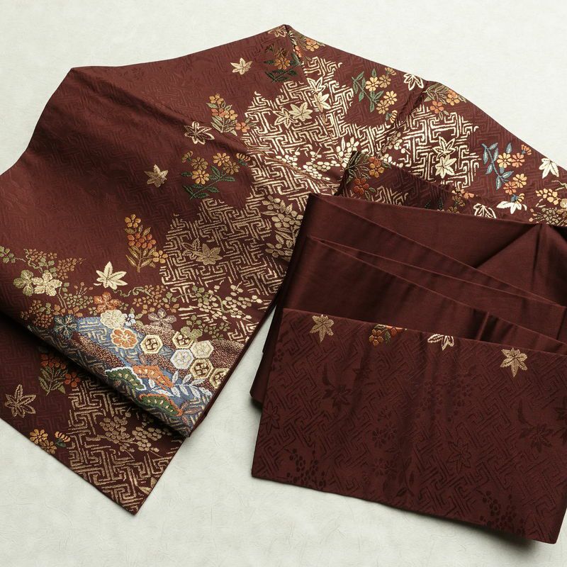 名古屋帯 太鼓柄 良品 正絹 古典柄 名古屋仕立て なごや帯 リサイクル帯 帯 箔 金糸 紅葉 松 小豆・エンジ_画像17