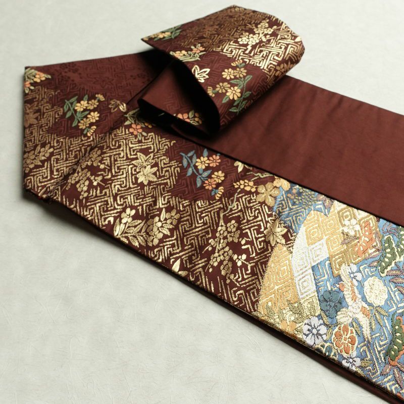 名古屋帯 太鼓柄 良品 正絹 古典柄 名古屋仕立て なごや帯 リサイクル帯 帯 箔 金糸 紅葉 松 小豆・エンジ_画像21
