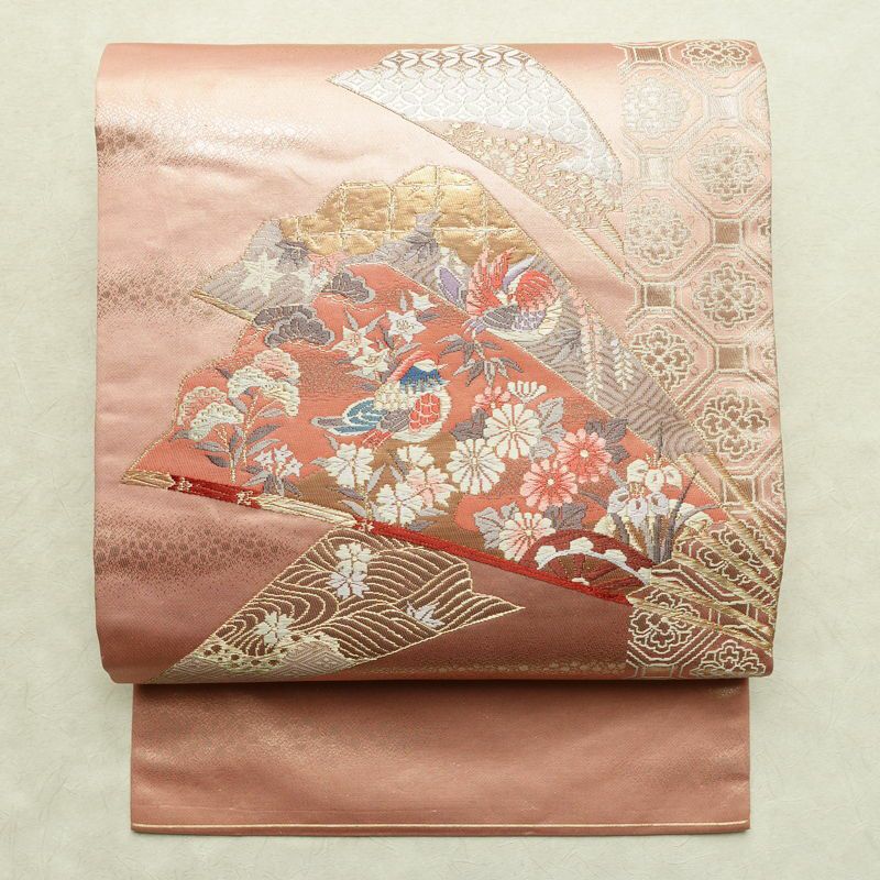 名古屋帯 本金箔 二重織 太鼓柄 正絹 古典柄 名古屋仕立て なごや帯 リサイクル帯 帯 箔 扇子 松 菊 ピンク_画像1