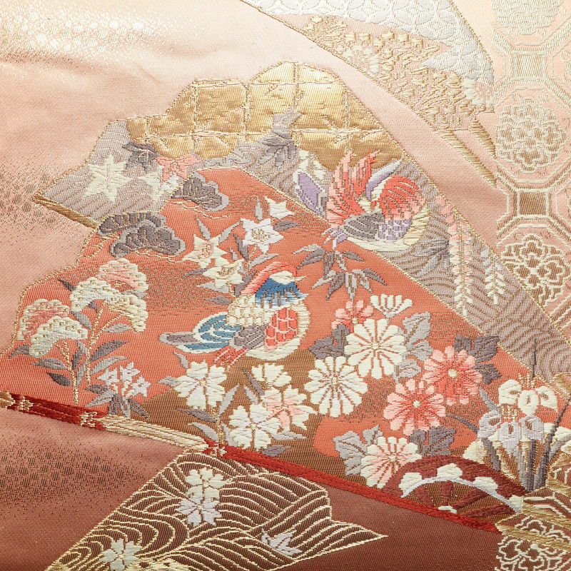 名古屋帯 本金箔 二重織 太鼓柄 正絹 古典柄 名古屋仕立て なごや帯 リサイクル帯 帯 箔 扇子 松 菊 ピンク_画像2