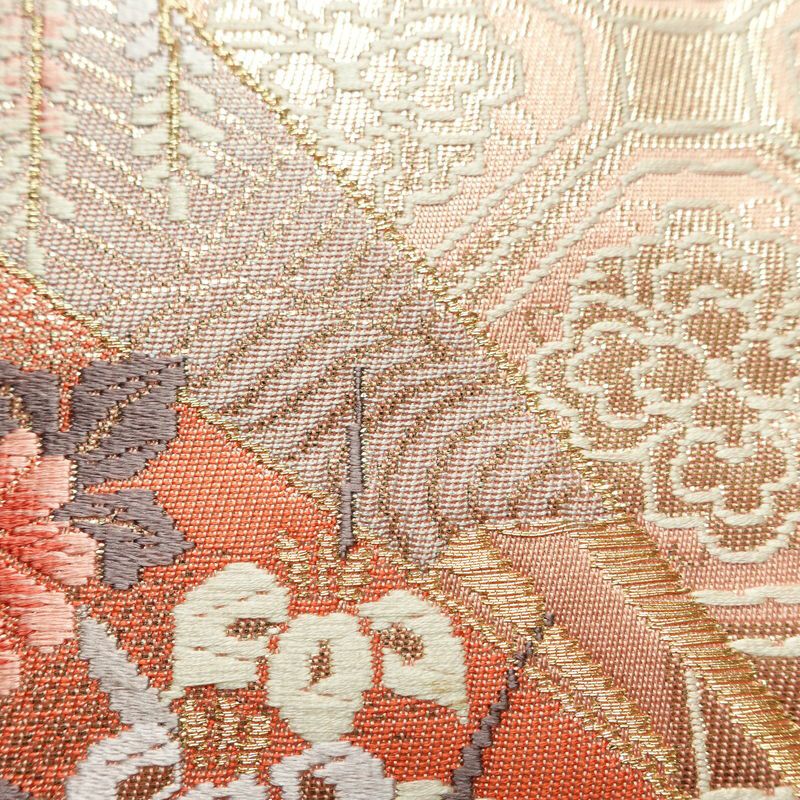 名古屋帯 本金箔 二重織 太鼓柄 正絹 古典柄 名古屋仕立て なごや帯 リサイクル帯 帯 箔 扇子 松 菊 ピンク_画像5