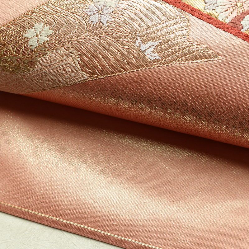 名古屋帯 本金箔 二重織 太鼓柄 正絹 古典柄 名古屋仕立て なごや帯 リサイクル帯 帯 箔 扇子 松 菊 ピンク_画像7