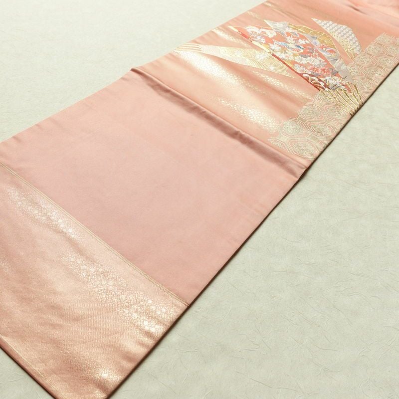 名古屋帯 本金箔 二重織 太鼓柄 正絹 古典柄 名古屋仕立て なごや帯 リサイクル帯 帯 箔 扇子 松 菊 ピンク_画像8