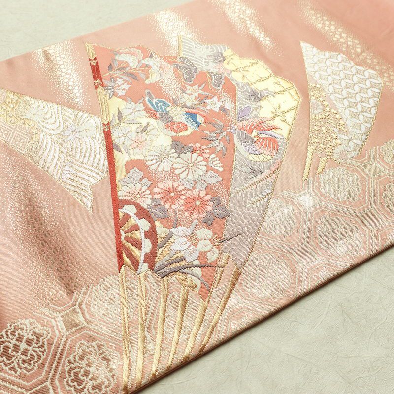 名古屋帯 本金箔 二重織 太鼓柄 正絹 古典柄 名古屋仕立て なごや帯 リサイクル帯 帯 箔 扇子 松 菊 ピンク_画像12