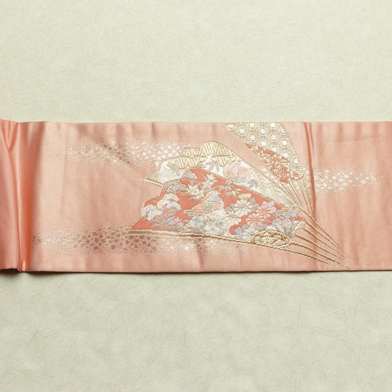 名古屋帯 本金箔 二重織 太鼓柄 正絹 古典柄 名古屋仕立て なごや帯 リサイクル帯 帯 箔 扇子 松 菊 ピンク_画像13