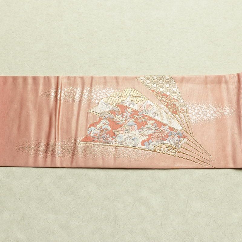 名古屋帯 本金箔 二重織 太鼓柄 正絹 古典柄 名古屋仕立て なごや帯 リサイクル帯 帯 箔 扇子 松 菊 ピンク_画像14