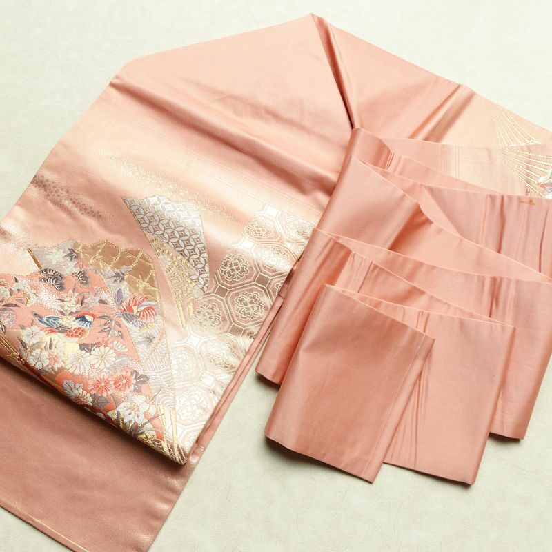 名古屋帯 本金箔 二重織 太鼓柄 正絹 古典柄 名古屋仕立て なごや帯 リサイクル帯 帯 箔 扇子 松 菊 ピンク_画像19