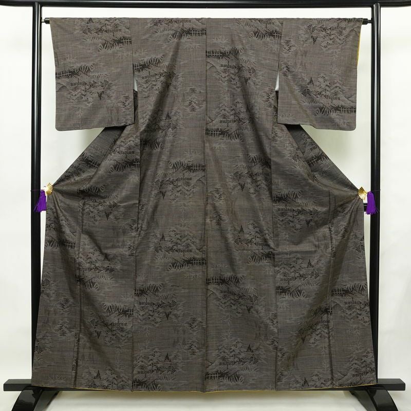 本場大島紬 古代染色純泥染 大島紬 証紙あり 正絹 風景柄 袷仕立て 身丈160.5cm 裄丈64cm リサイクル着物 着物 茶_画像1