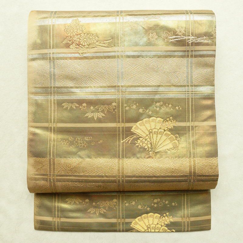 名古屋帯 六通柄 良品 正絹 古典柄 名古屋仕立て なごや帯 リサイクル帯 帯 箔 引箔 扇子 ベージュ_画像1