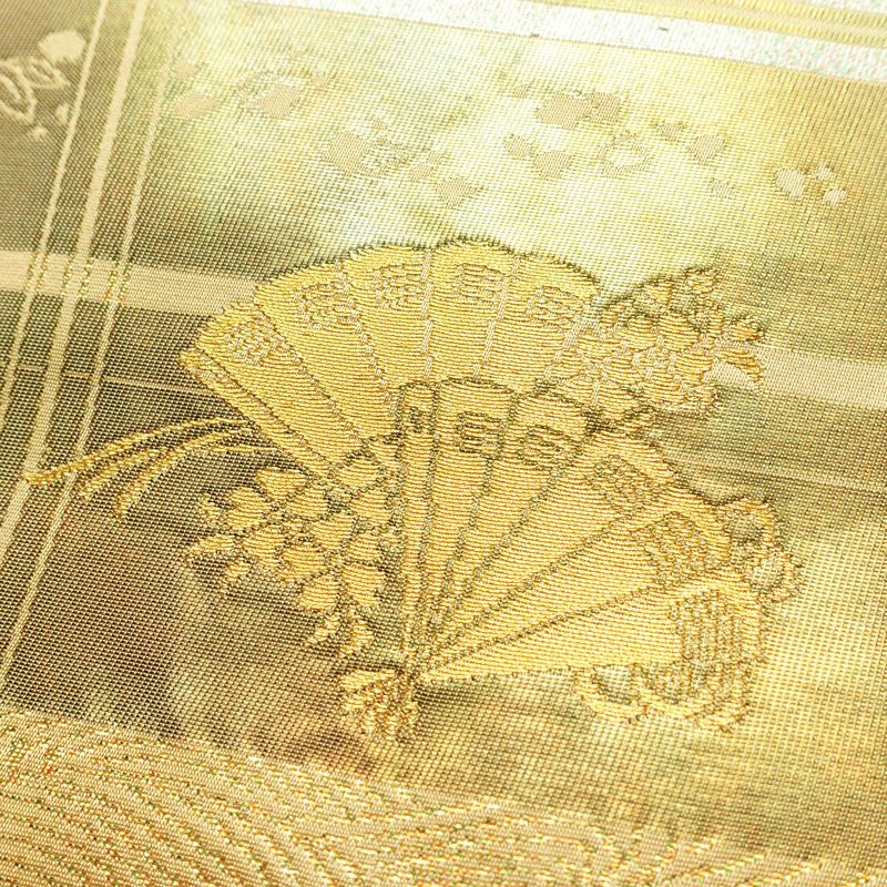 名古屋帯 六通柄 良品 正絹 古典柄 名古屋仕立て なごや帯 リサイクル帯 帯 箔 引箔 扇子 ベージュ_画像3