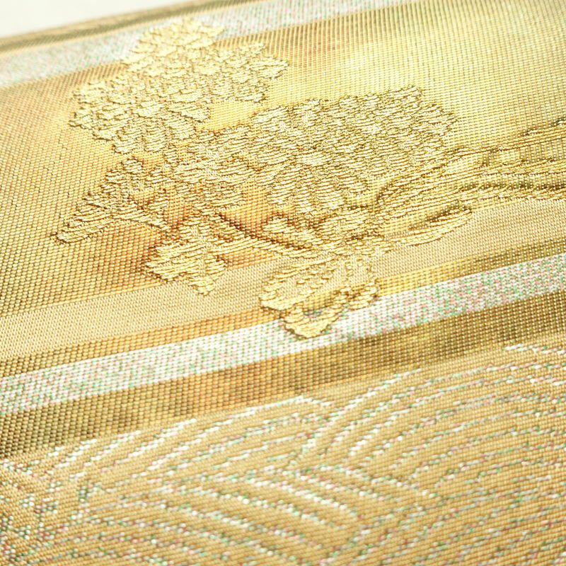 名古屋帯 六通柄 良品 正絹 古典柄 名古屋仕立て なごや帯 リサイクル帯 帯 箔 引箔 扇子 ベージュ_画像5