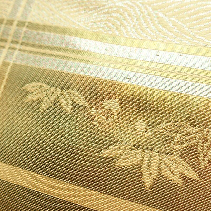 名古屋帯 六通柄 良品 正絹 古典柄 名古屋仕立て なごや帯 リサイクル帯 帯 箔 引箔 扇子 ベージュ_画像6