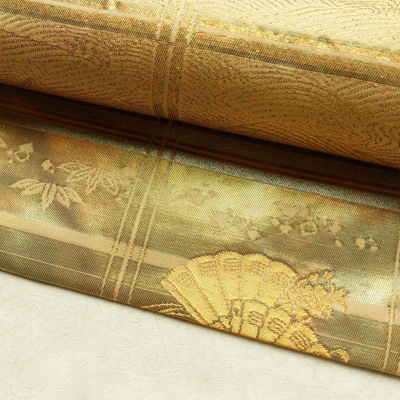 名古屋帯 六通柄 良品 正絹 古典柄 名古屋仕立て なごや帯 リサイクル帯 帯 箔 引箔 扇子 ベージュ_画像7