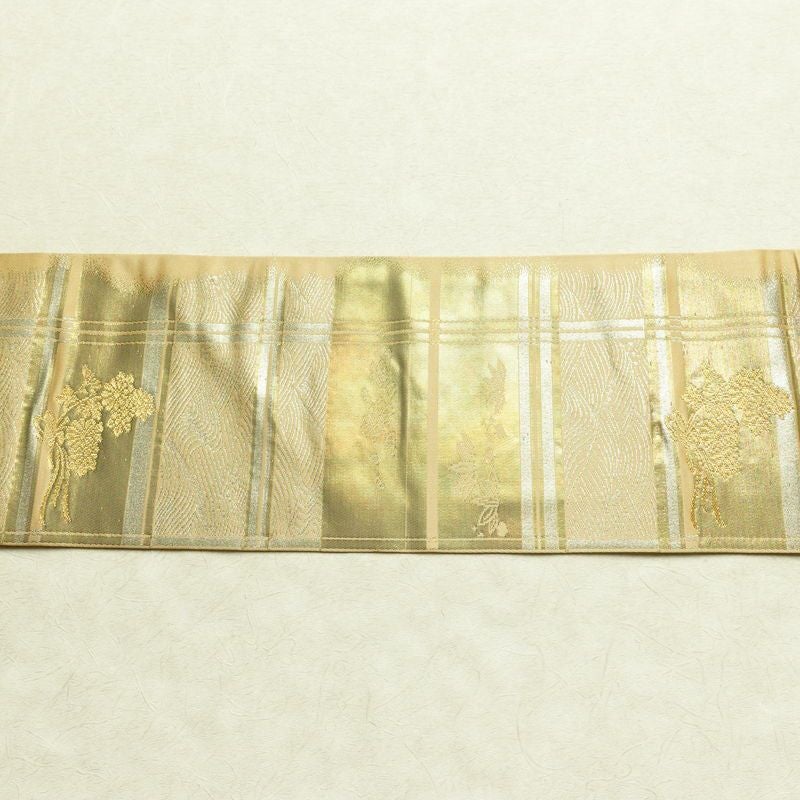 名古屋帯 六通柄 良品 正絹 古典柄 名古屋仕立て なごや帯 リサイクル帯 帯 箔 引箔 扇子 ベージュ_画像13