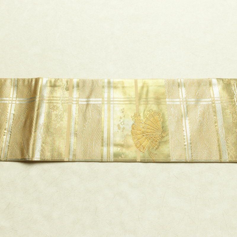 名古屋帯 六通柄 良品 正絹 古典柄 名古屋仕立て なごや帯 リサイクル帯 帯 箔 引箔 扇子 ベージュ_画像14