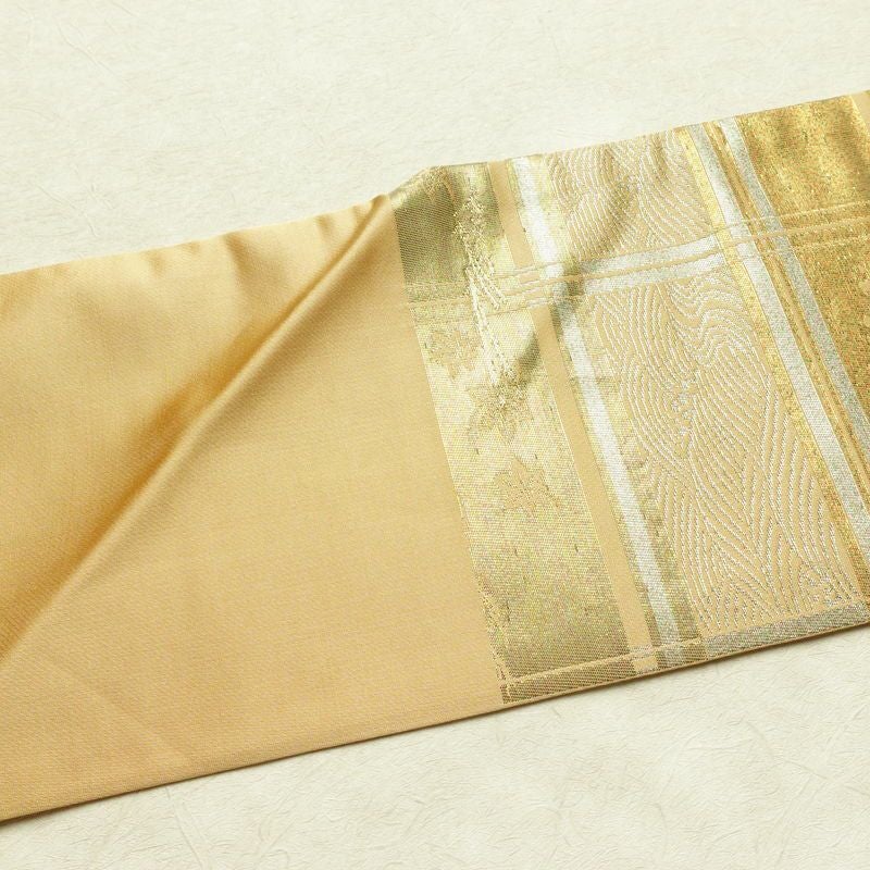 名古屋帯 六通柄 良品 正絹 古典柄 名古屋仕立て なごや帯 リサイクル帯 帯 箔 引箔 扇子 ベージュ_画像15