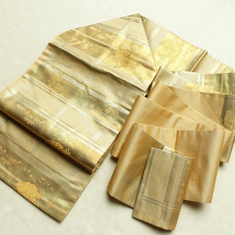 名古屋帯 六通柄 良品 正絹 古典柄 名古屋仕立て なごや帯 リサイクル帯 帯 箔 引箔 扇子 ベージュ_画像17