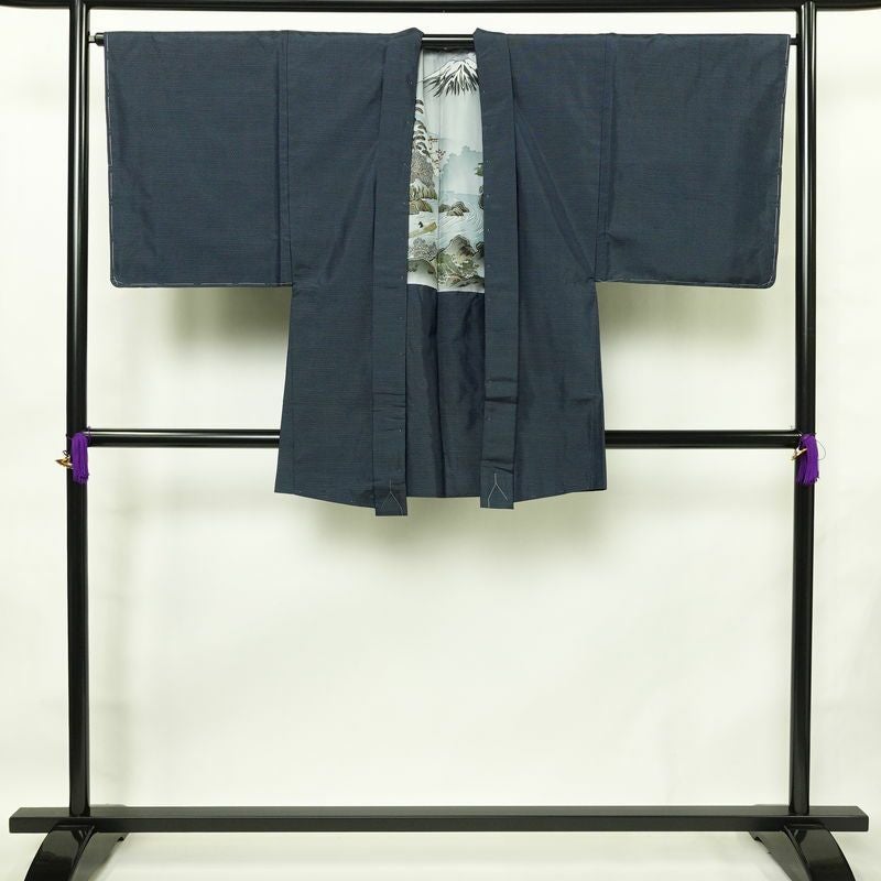 男性用 紬着物 美品 しつけ糸付き アンサンブル 2点セット 正絹 羽織 亀甲柄 袷仕立て 身丈142cm 裄丈68.5cm リサイクル着物 着物 未使用品 青・紺_画像5