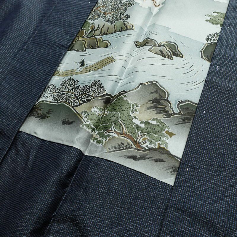 男性用 紬着物 美品 しつけ糸付き アンサンブル 2点セット 正絹 羽織 亀甲柄 袷仕立て 身丈142cm 裄丈68.5cm リサイクル着物 着物 未使用品 青・紺_画像17