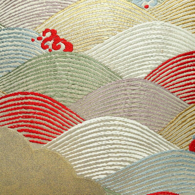 名古屋帯 太鼓柄 良品 正絹 流水・波柄 名古屋仕立て なごや帯 リサイクル帯 帯 引箔 金糸 クリーム_画像2