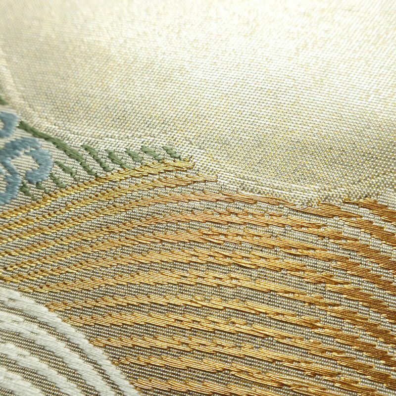 名古屋帯 太鼓柄 良品 正絹 流水・波柄 名古屋仕立て なごや帯 リサイクル帯 帯 引箔 金糸 クリーム_画像6