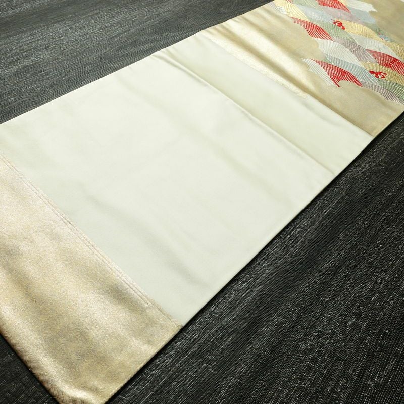 名古屋帯 太鼓柄 良品 正絹 流水・波柄 名古屋仕立て なごや帯 リサイクル帯 帯 引箔 金糸 クリーム_画像8