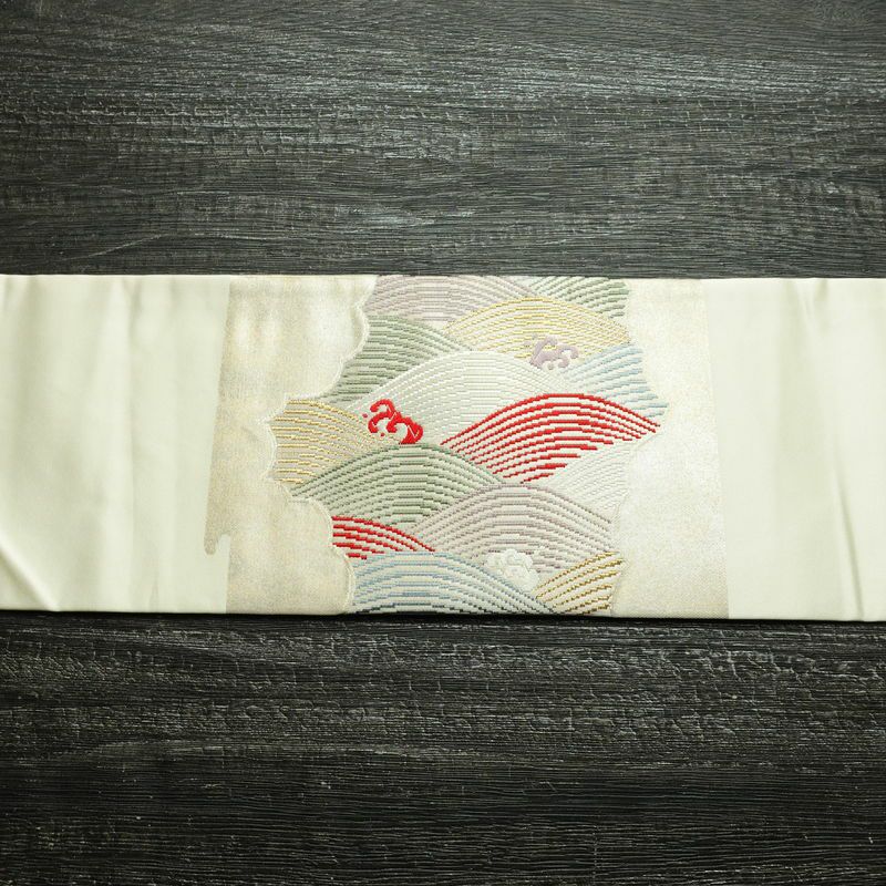名古屋帯 太鼓柄 良品 正絹 流水・波柄 名古屋仕立て なごや帯 リサイクル帯 帯 引箔 金糸 クリーム_画像13